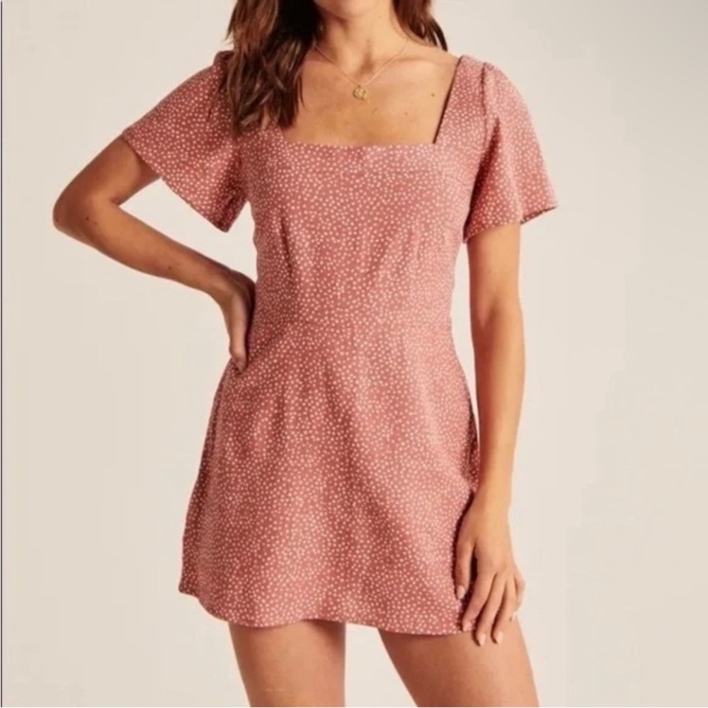 Abercrombie Pink Linen Blend Romper Dress Polka Dot Square Neck